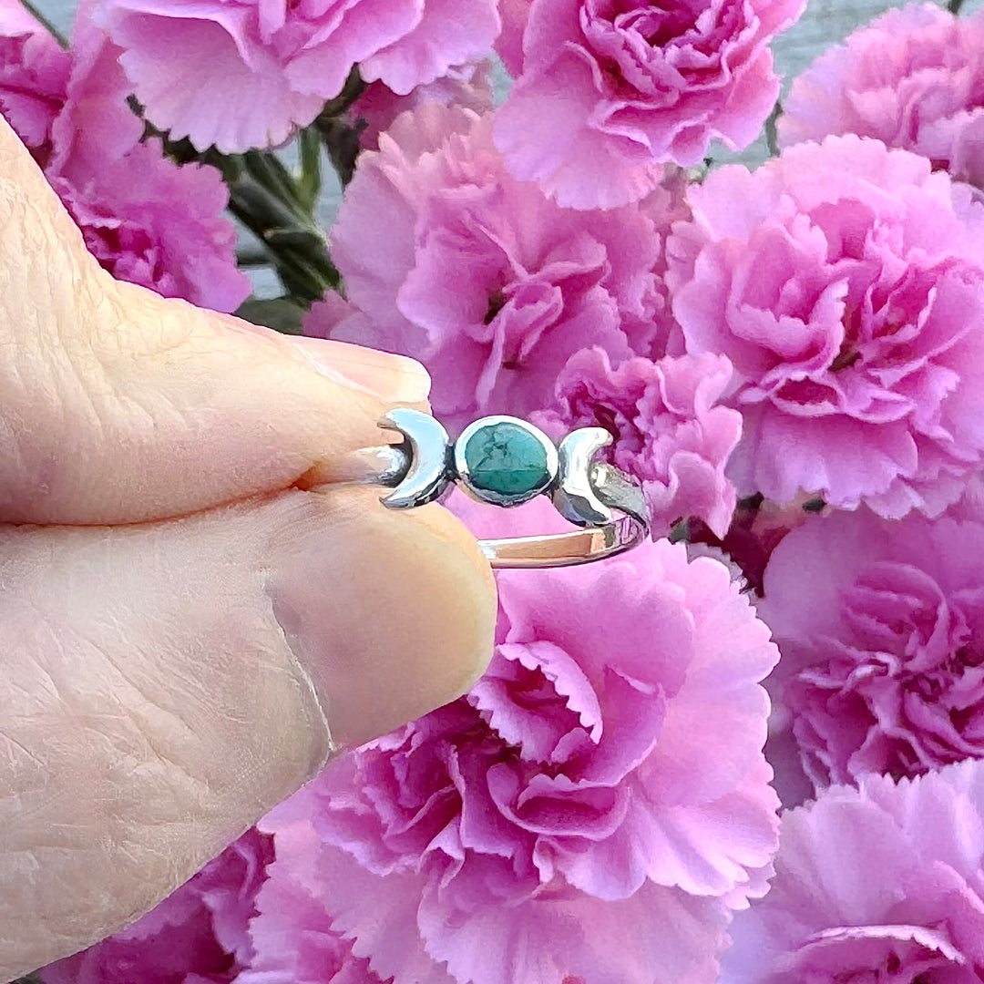 Sterling Silver Turquoise Moon Ring between fingers 