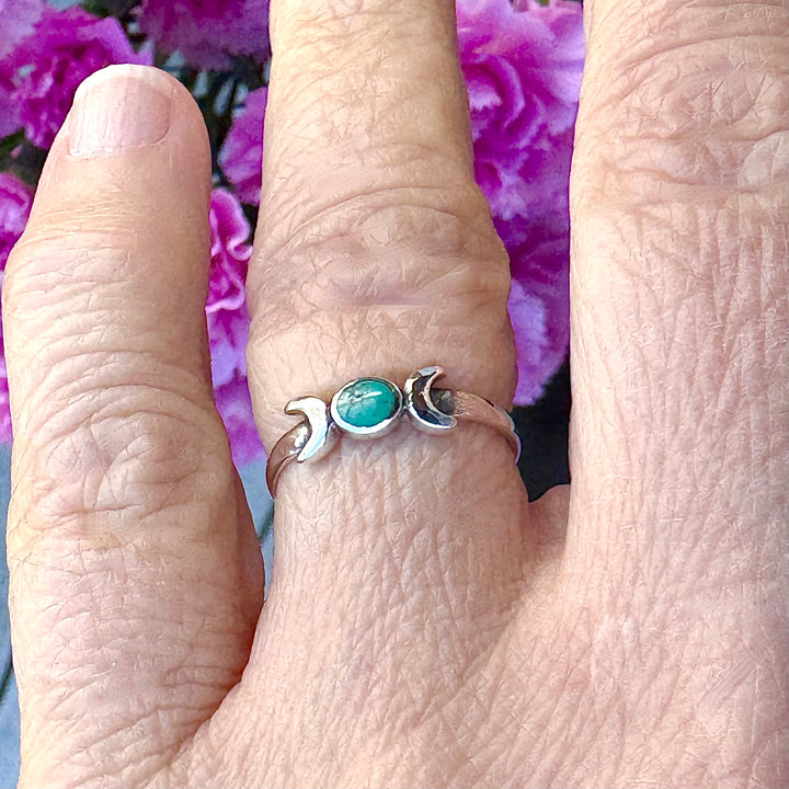 Sterling Silver Turquoise Moon Ring on finger