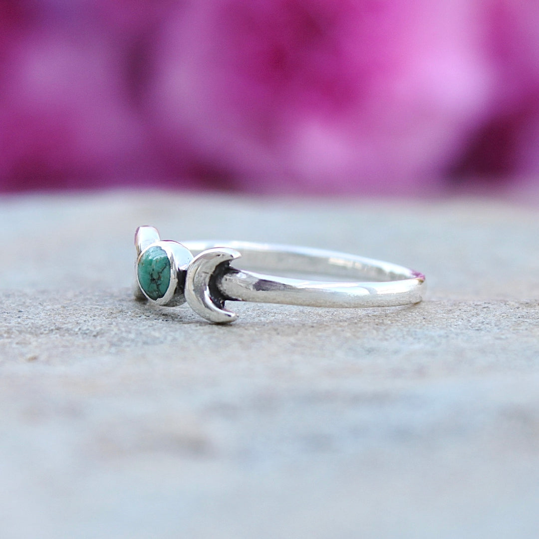 Sterling Silver Turquoise Moon Ring side view on stone
