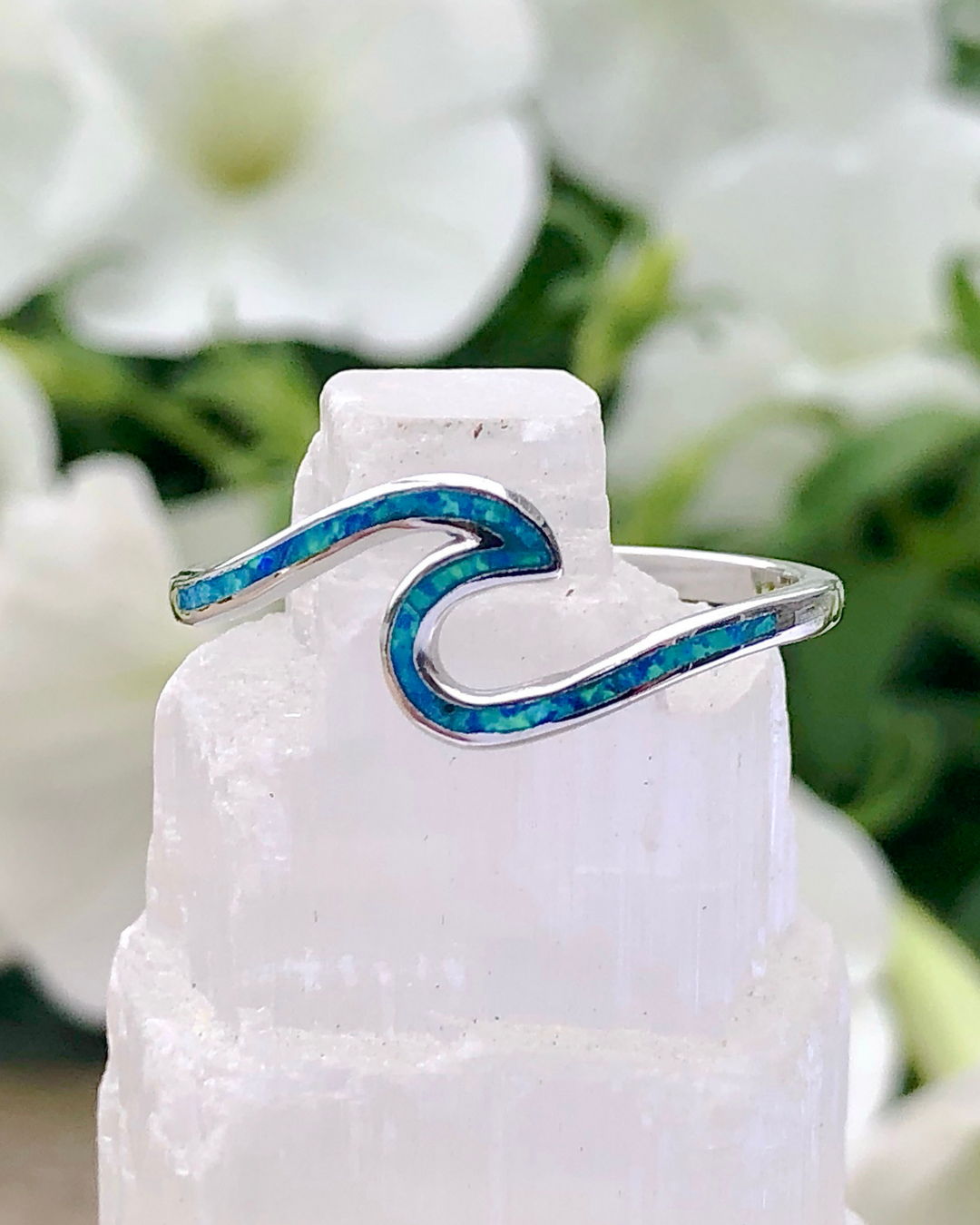 Sterling Silver Wave Ring with Blue Lab Opal on selenite