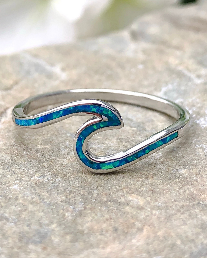 Sterling Silver Wave Ring with Blue Lab Opal on stone