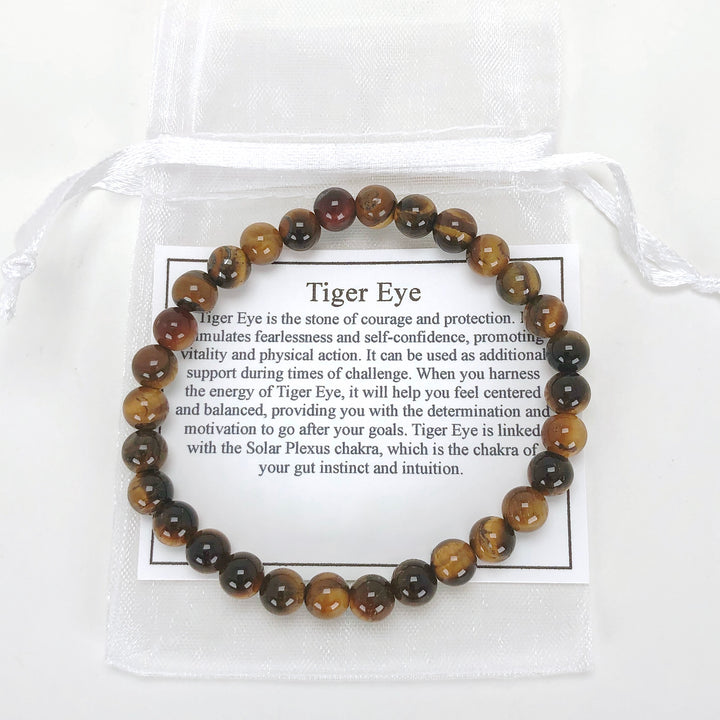 Tiger Eye 6mm Beaded Gemstone Bracelet with a description card