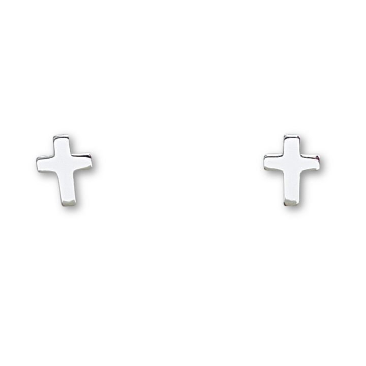 Tiny Cross Sterling Silver Earrings on a white background.