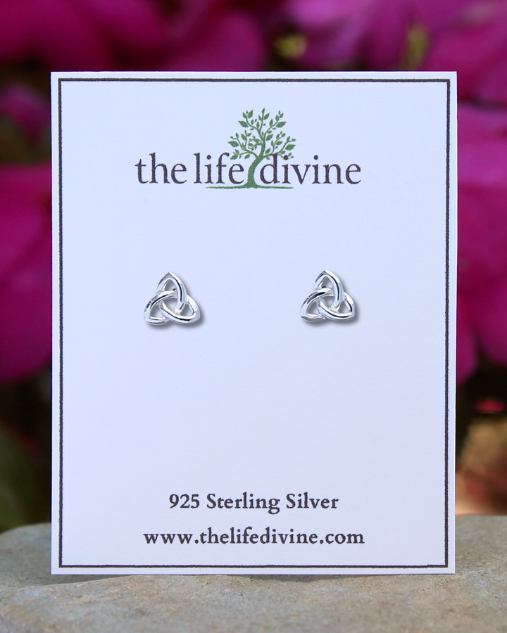 Triquetra Silver Stud Earrings on a card.