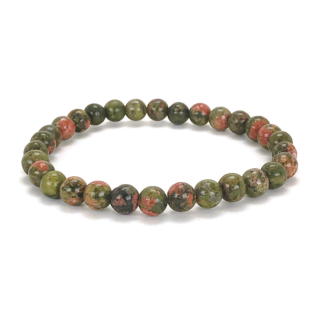 Unakite 6mm Beaded Gemstone Bracelet on a white background