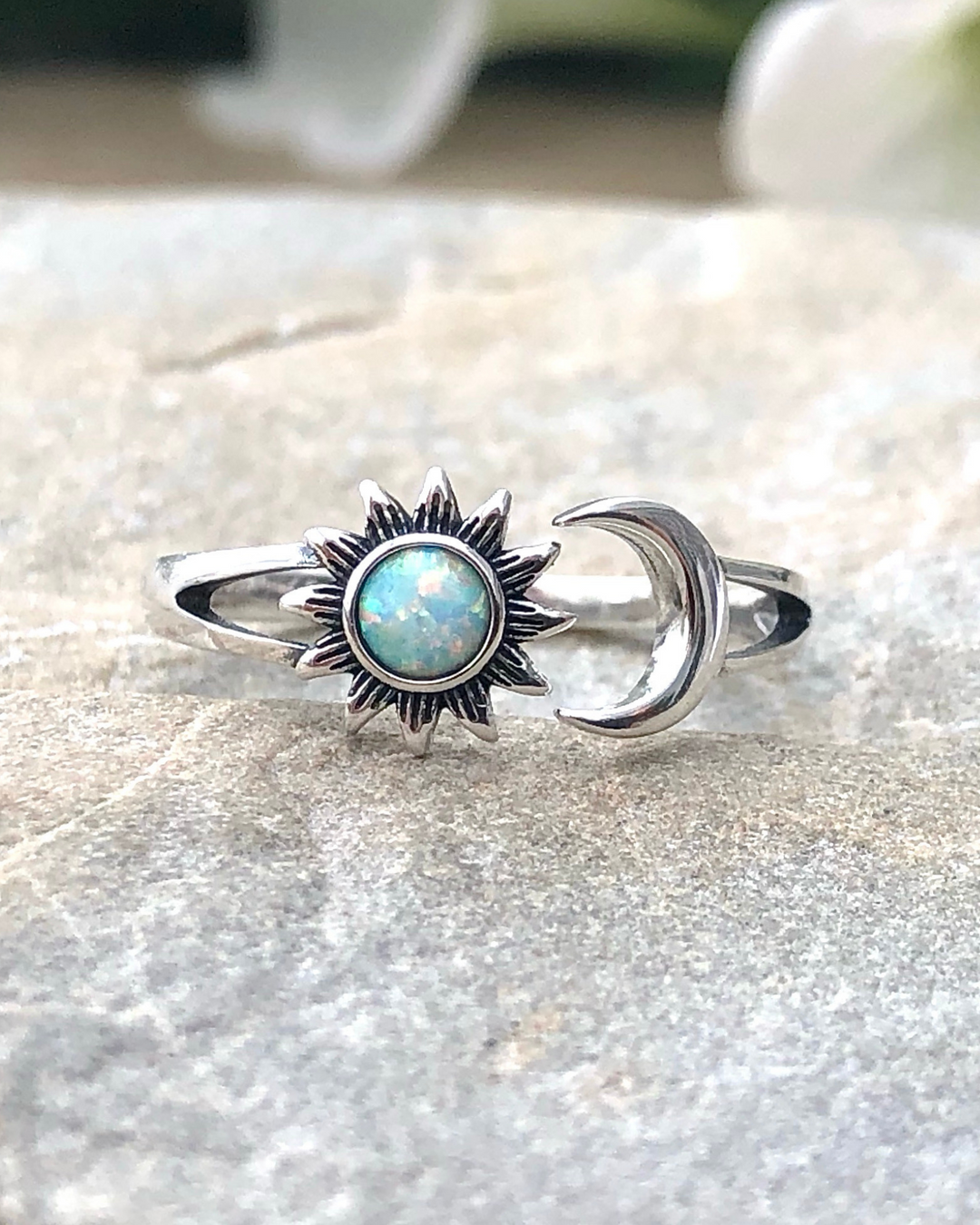 Sterling Silver Sun and Moon White Lab Opal Ring The Life Divine