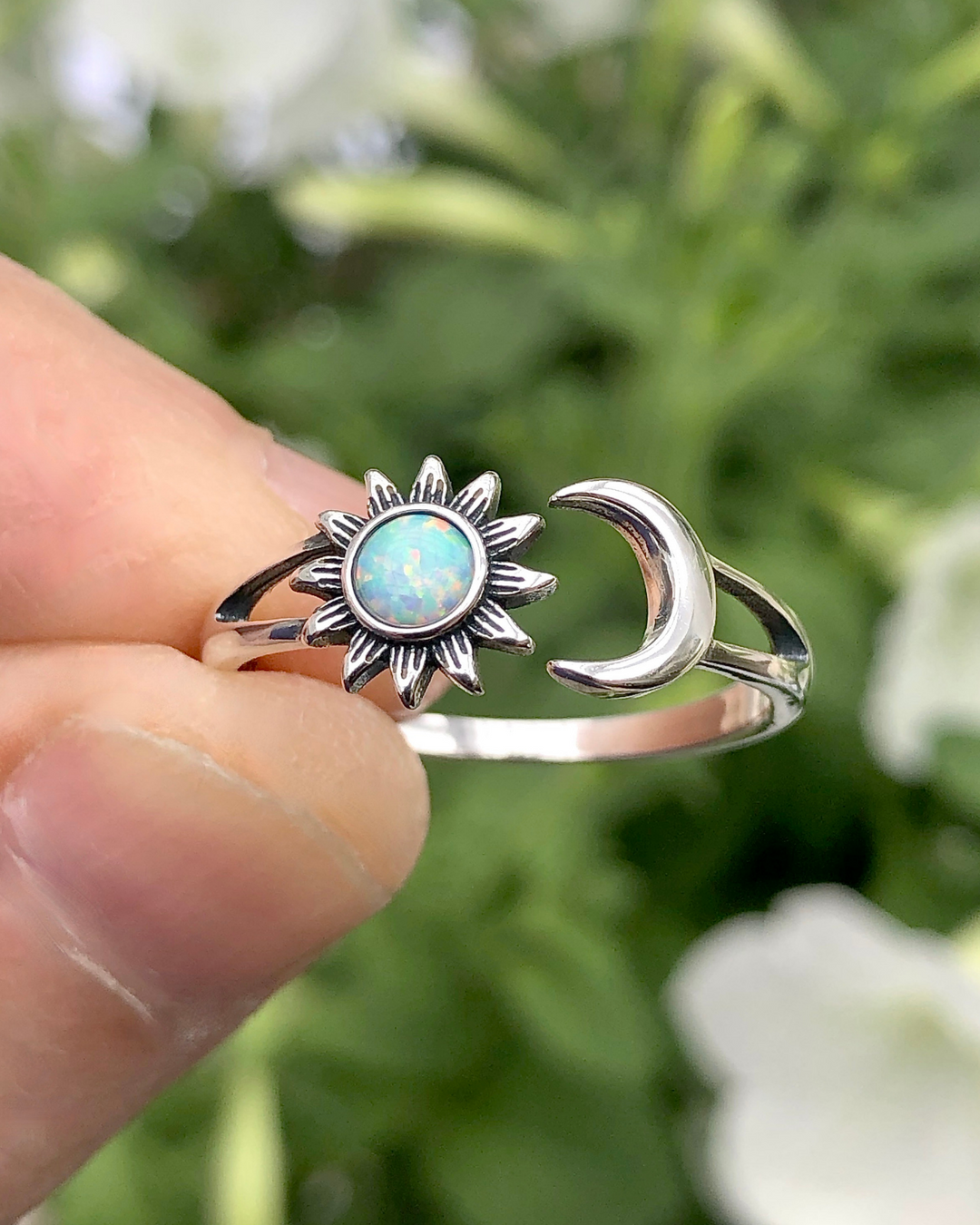 Sterling Silver Sun and Moon White Lab Opal Ring