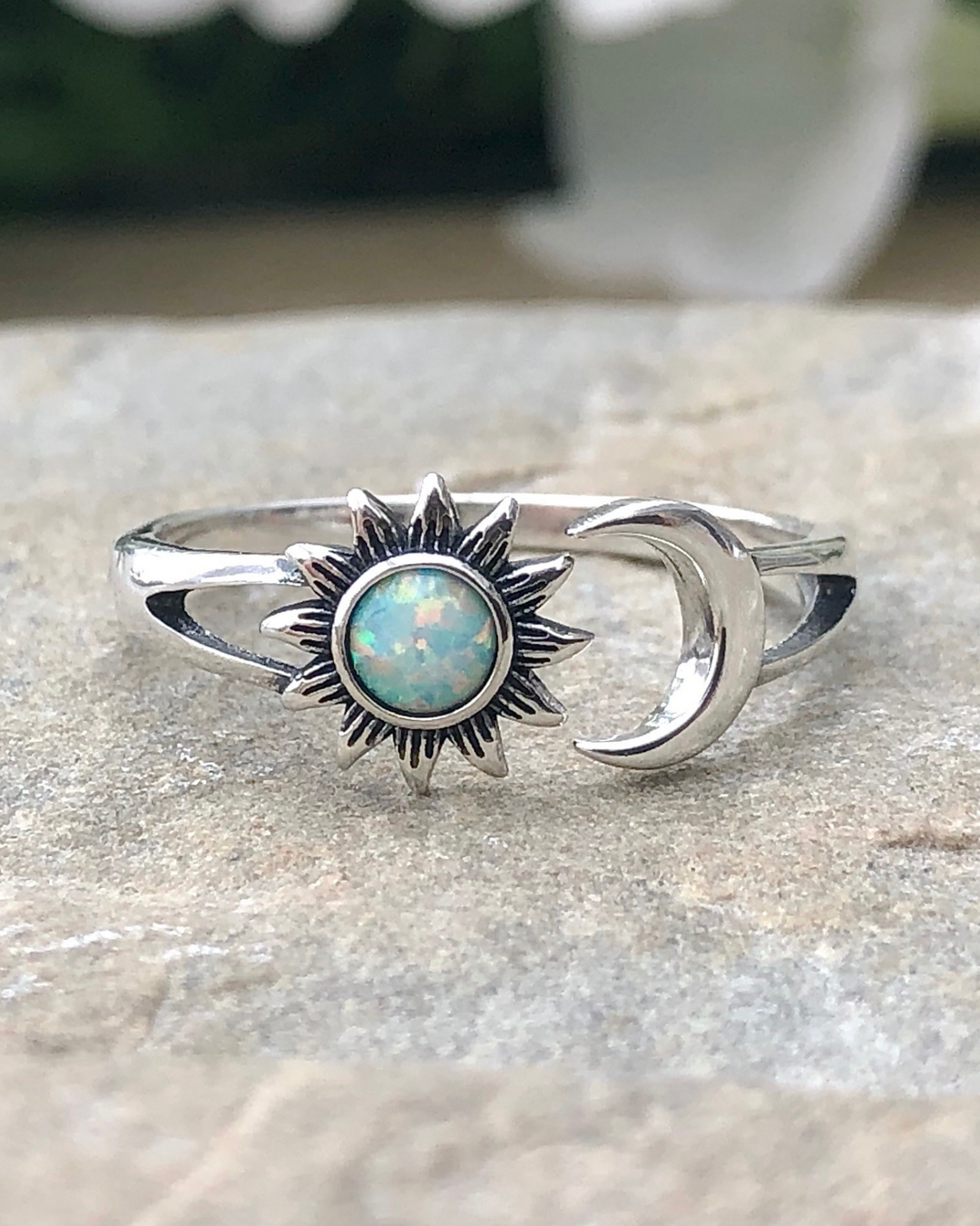 Sterling Silver Sun and Moon White Lab Opal Ring