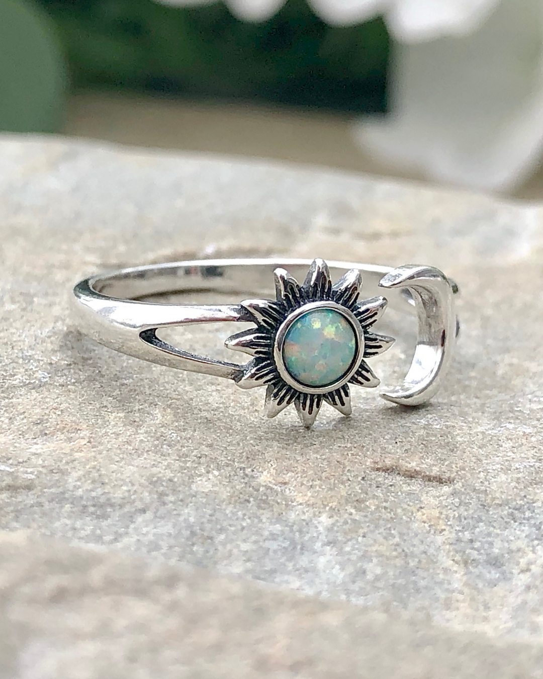 Sterling Silver Sun and Moon White Lab Opal Ring