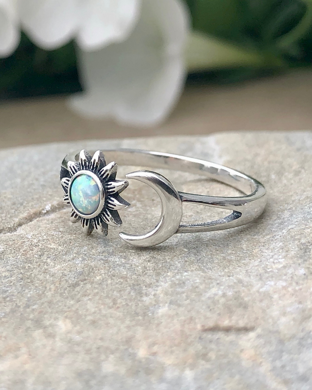 Sterling Silver Sun and Moon White Lab Opal Ring