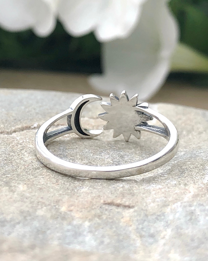 Sterling Silver Sun and Moon White Lab Opal Ring