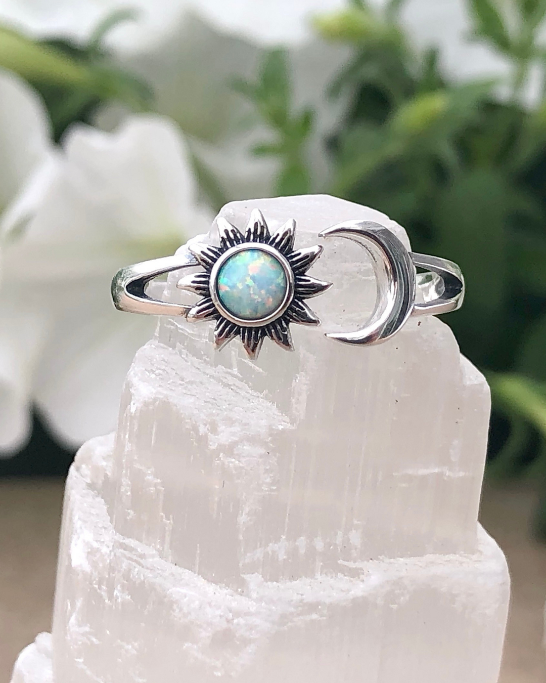 AFFY 925 Sterling Silver Lab Created Opal & CZ Starburst Ring For Women - 14k White Gold Plated
