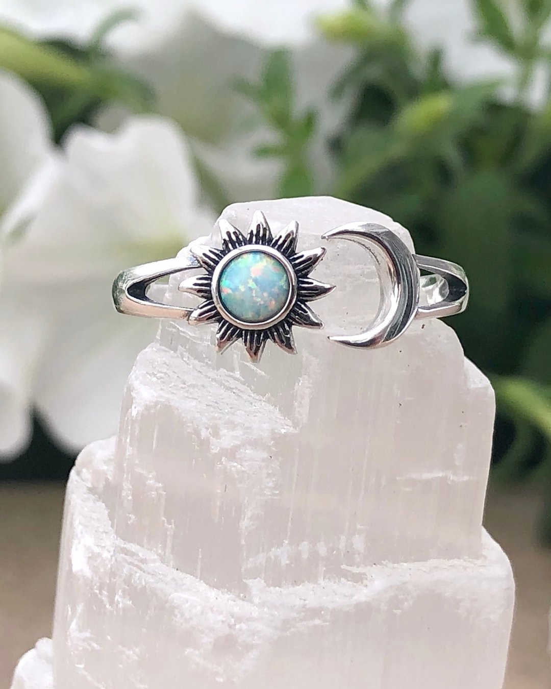 Sterling Silver Sun and Moon White Lab Opal Ring