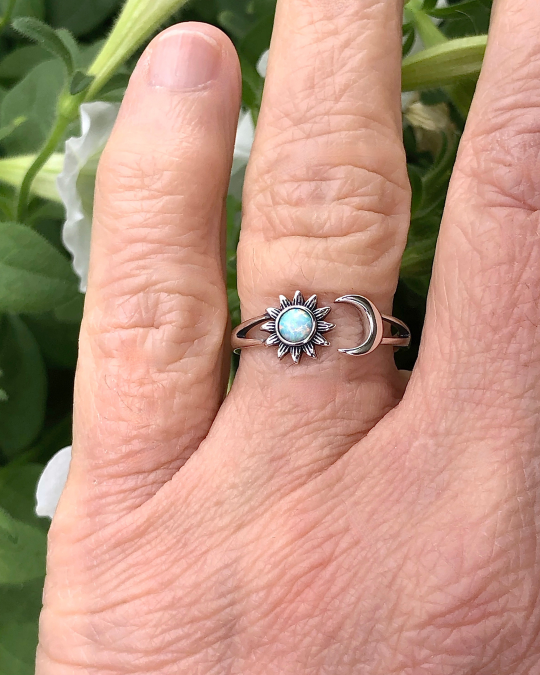 Sterling Silver Sun and Moon White Lab Opal Ring