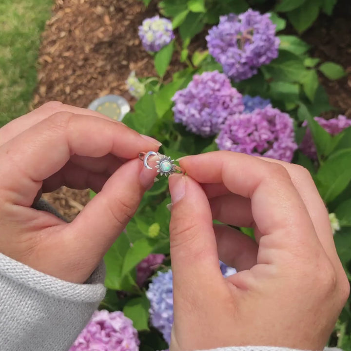 Sterling Silver Sun and Moon White Lab Opal Ring