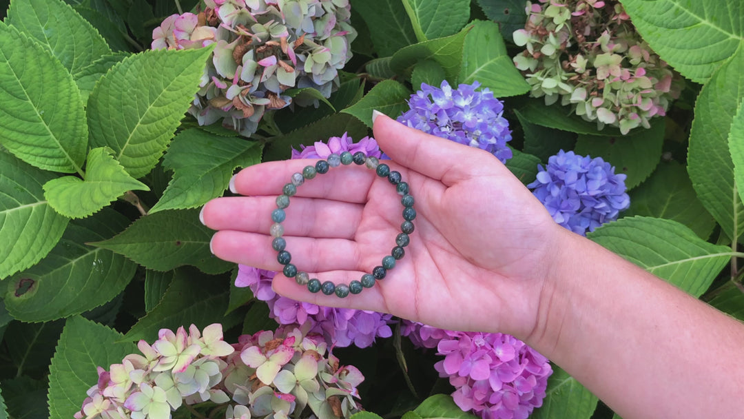 Moss Agate 6mm Beaded Gemstone Bracelet Video.