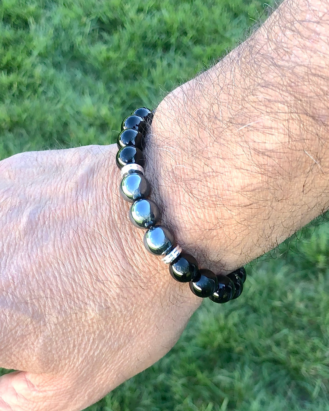 Men's Black Agate and Hematite 10mm Beaded Gemstone Bracelet