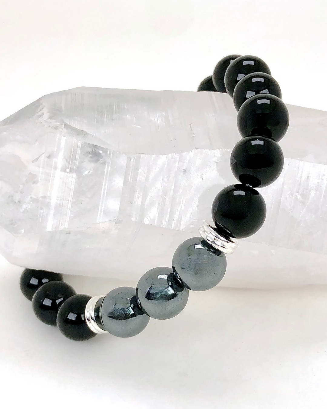 Men's Black Agate and Hematite 10mm Beaded Gemstone Bracelet