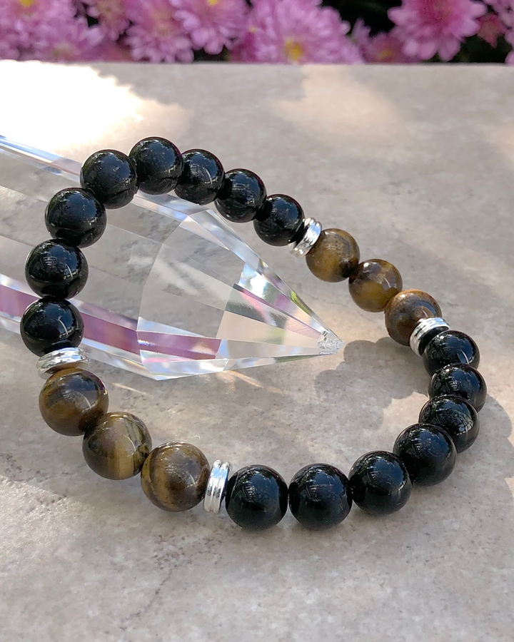 Men's Black Agate and Tiger Eye 10mm Beaded Gemstone Bracelet