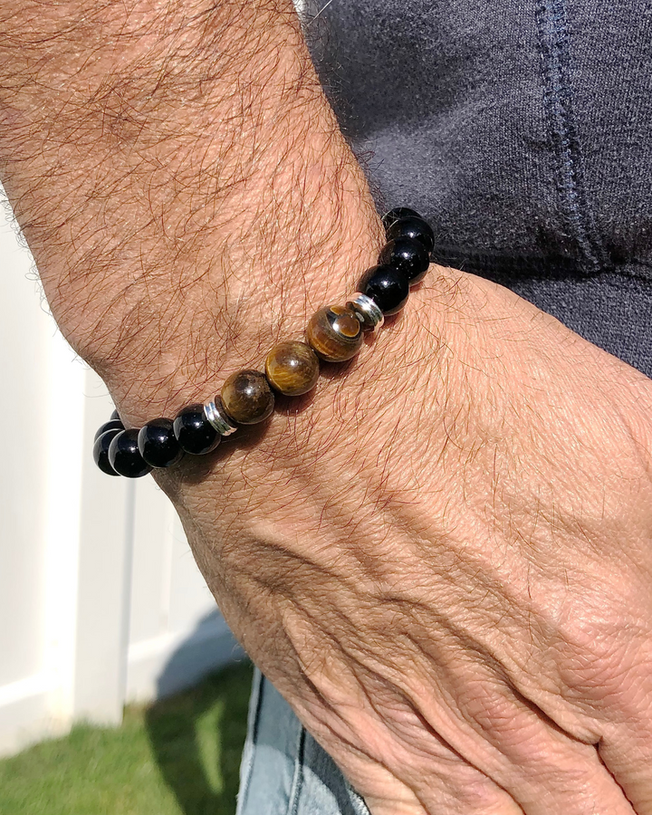 Men's Black Agate and Tiger Eye 10mm Beaded Gemstone Bracelet