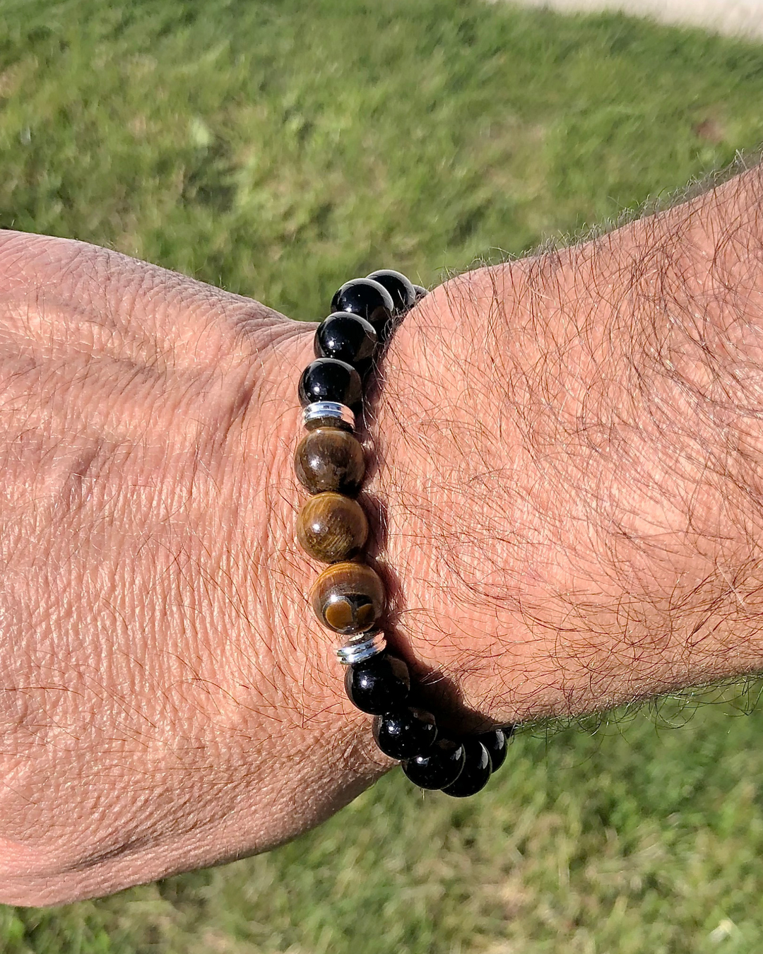 Men's Black Agate and Tiger Eye 10mm Beaded Gemstone Bracelet