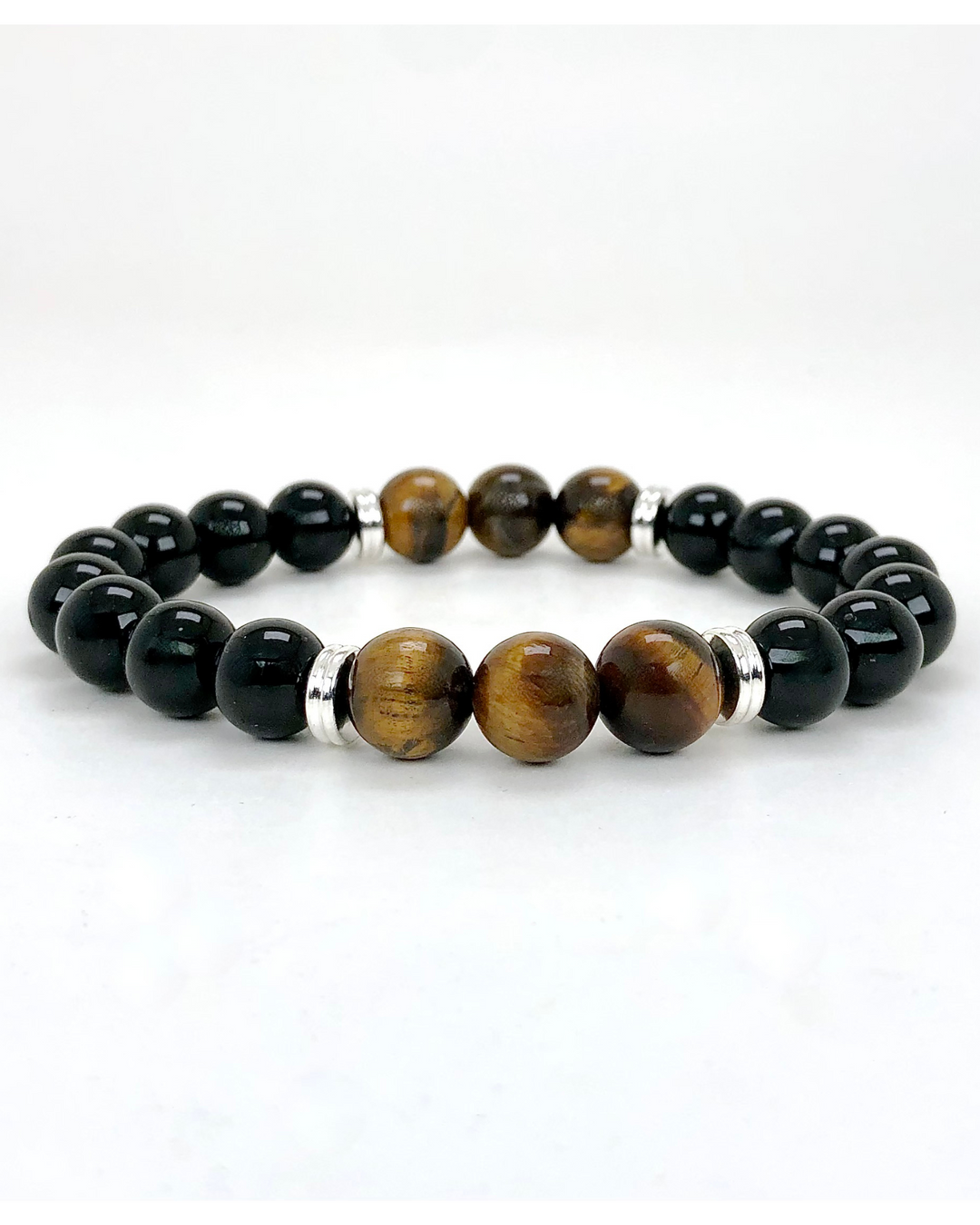 Men's Black Agate and Tiger Eye 10mm Beaded Gemstone Bracelet