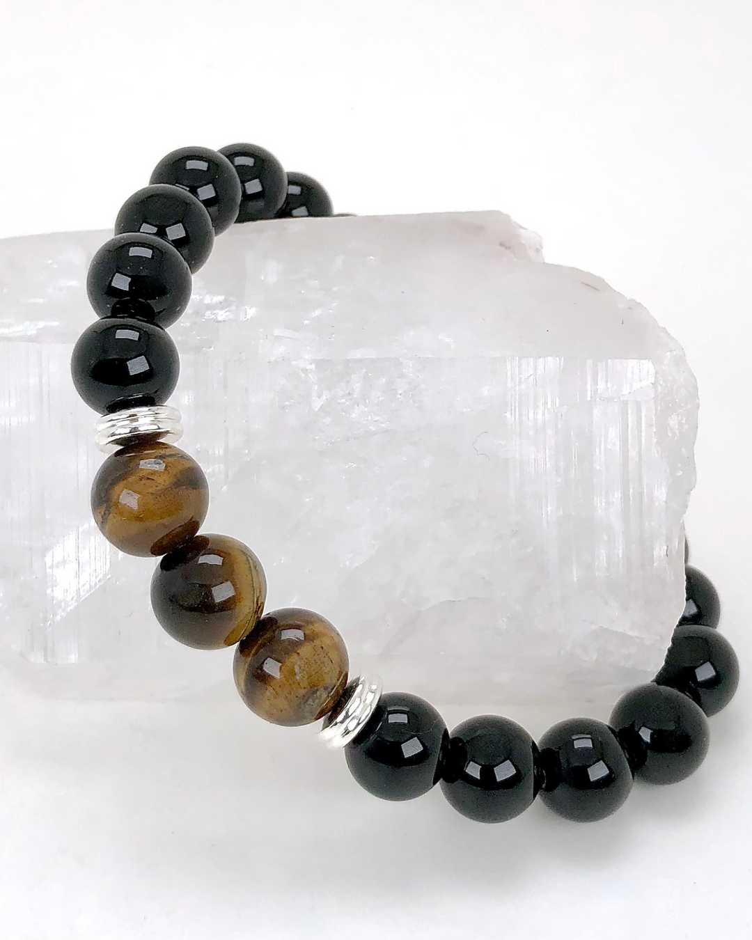 Men's Black Agate and Tiger Eye 10mm Beaded Gemstone Bracelet