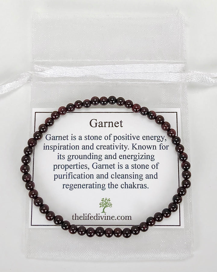 Men's Garnet 4mm Beaded Gemstone Bracelet with description card