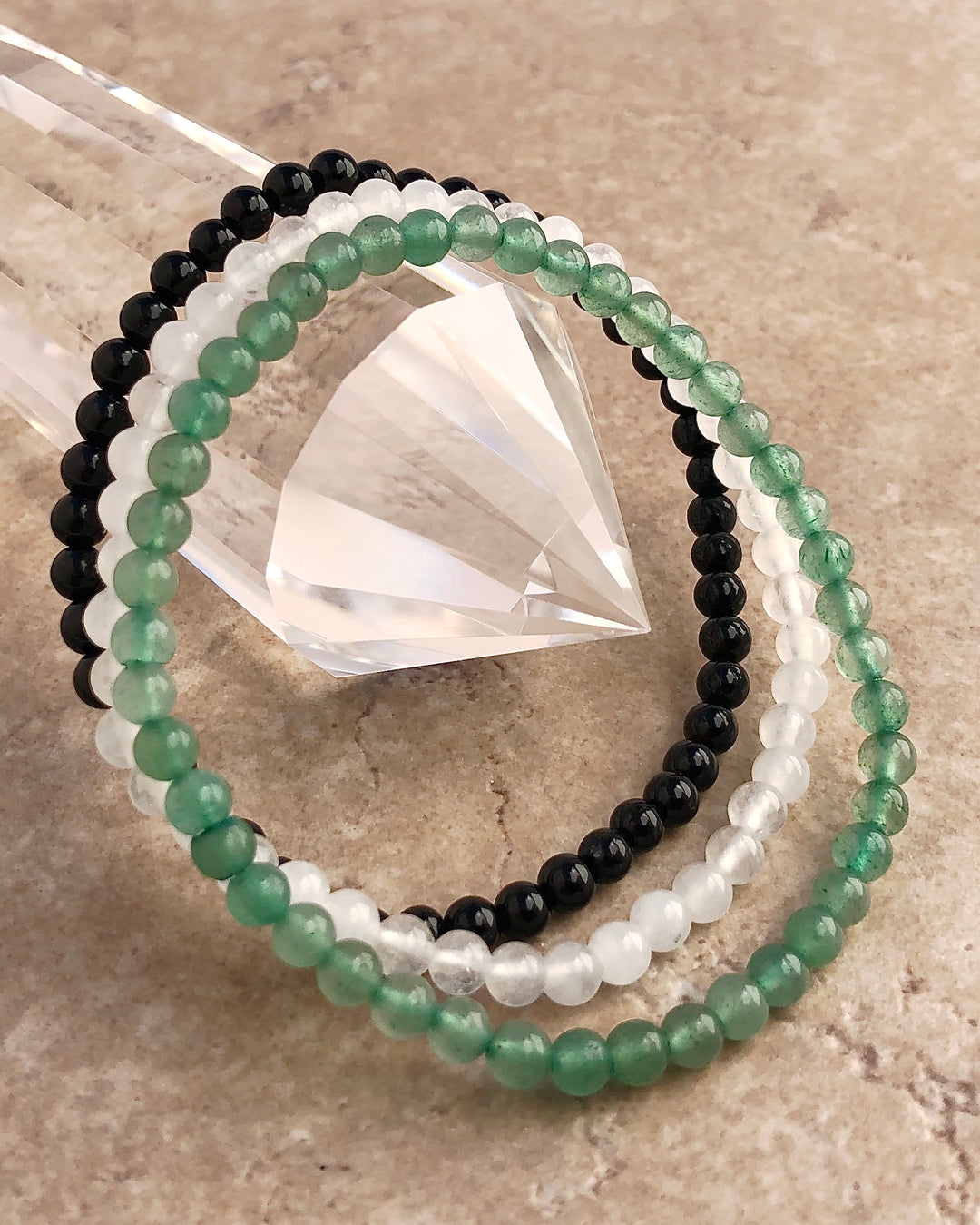 Aventurine, Snow Quartz and Black Agate beaded gemstone bracelet Set for Abundance.