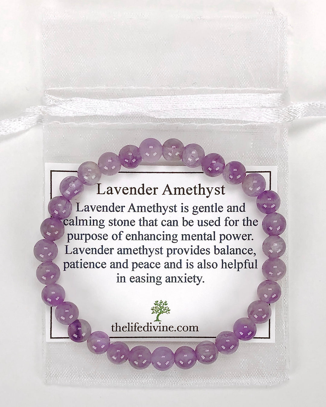 Lavender Amethyst 6mm Beaded Gemstone Bracelet with a description card.