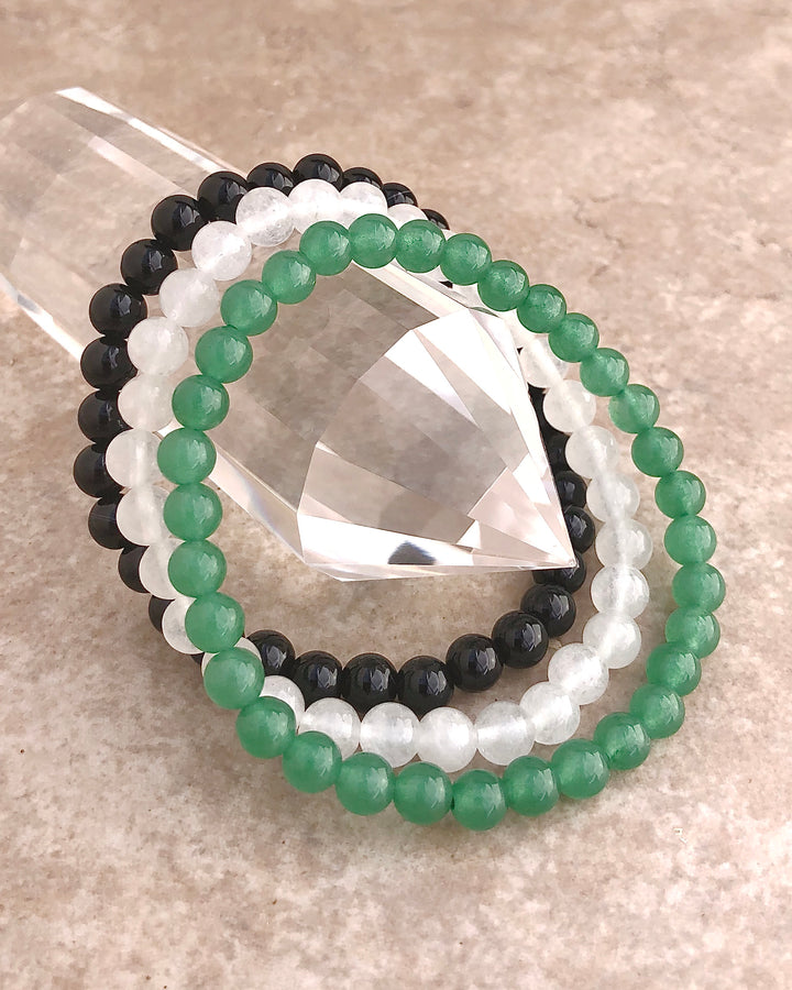 Abundance 6mm Beaded Gemstone Bracelet Set with Aventurine, Snow Quartz and Black Agate Gemstone Bracelets. 