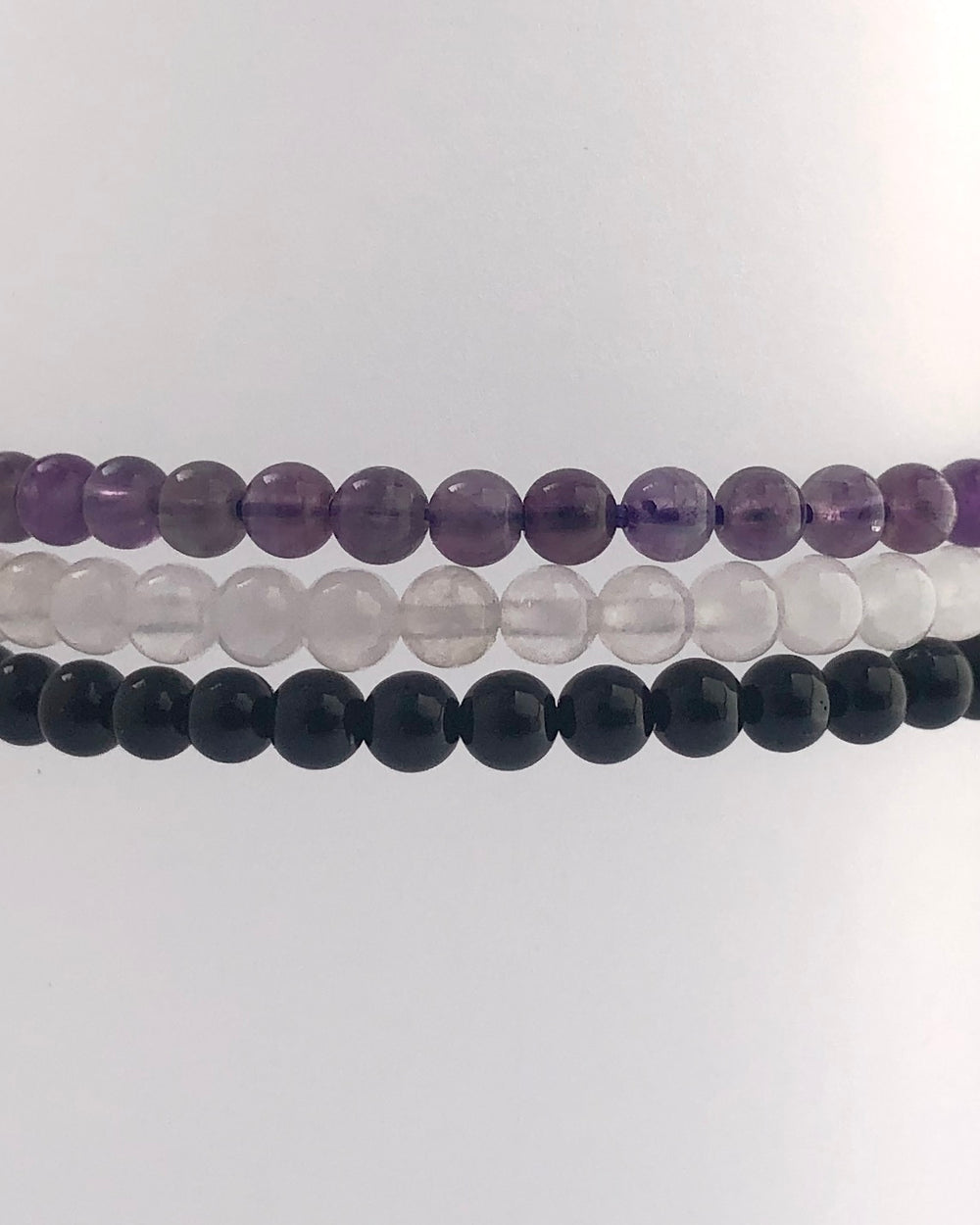 Stacked Amethyst, Snow Quartz and Black Agate 4mm Beaded Gemstone Bracelets