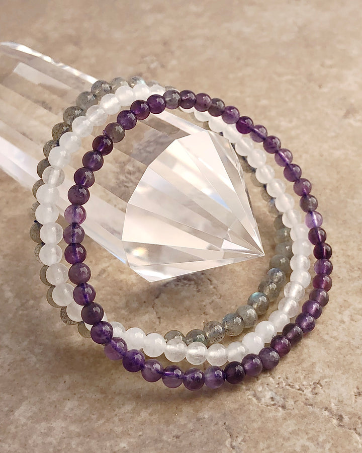 Peaceful Transformation 4mm Beaded Gemstone Bracelet Set with Amethyst, Snow Quartz and Labradorite.