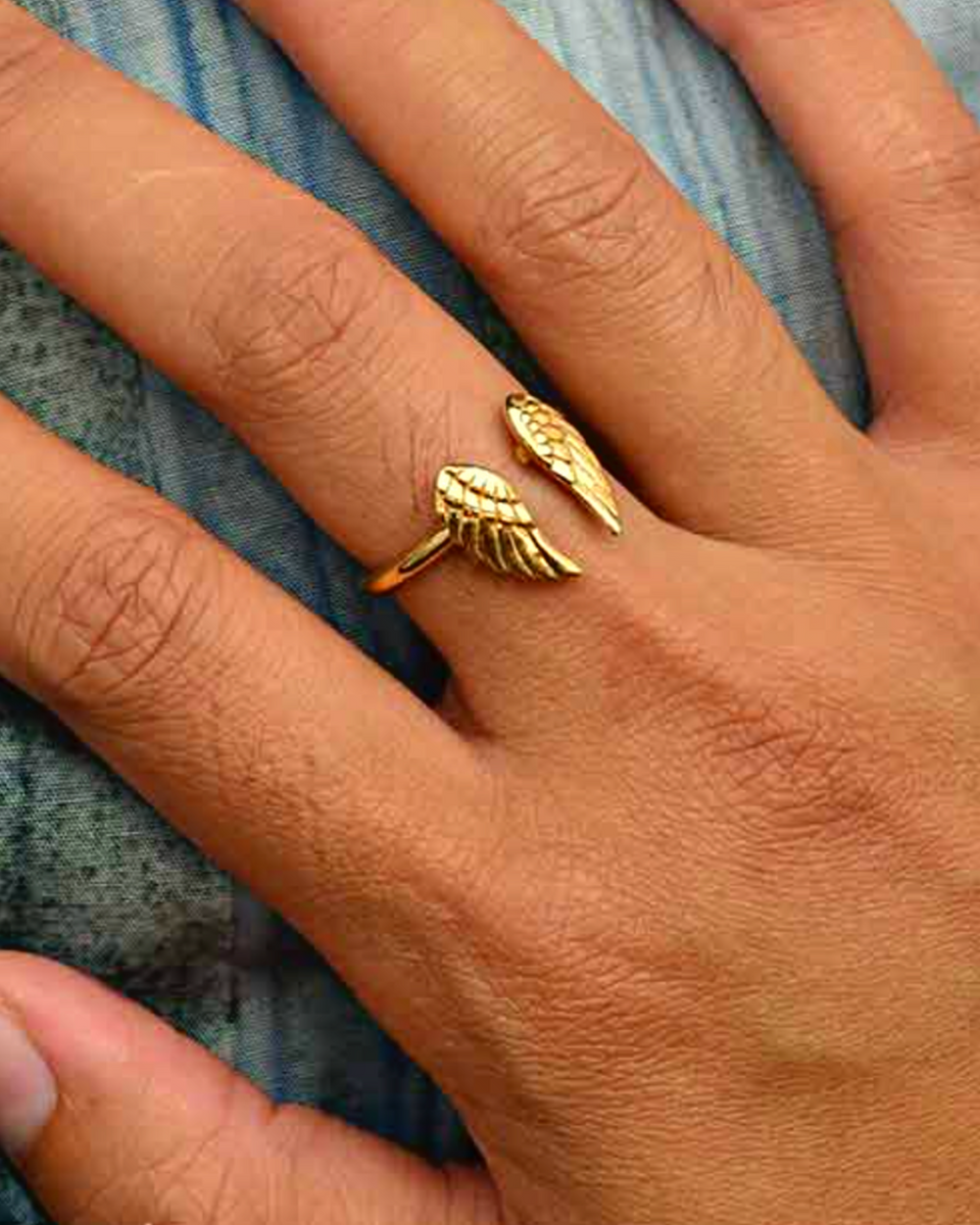 Angel Wings Adjustable Bronze Ring on middle finger