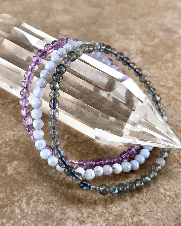 Blue Lace Agate, Lavender Amethyst and Labradorite 4mm beaded gemstone bracelet set for Anxiety Relief on a crystal