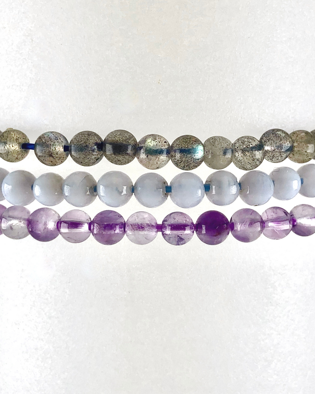 Blue Lace Agate, Lavender Amethyst and Labradorite 4mm beaded gemstone bracelets stacked.