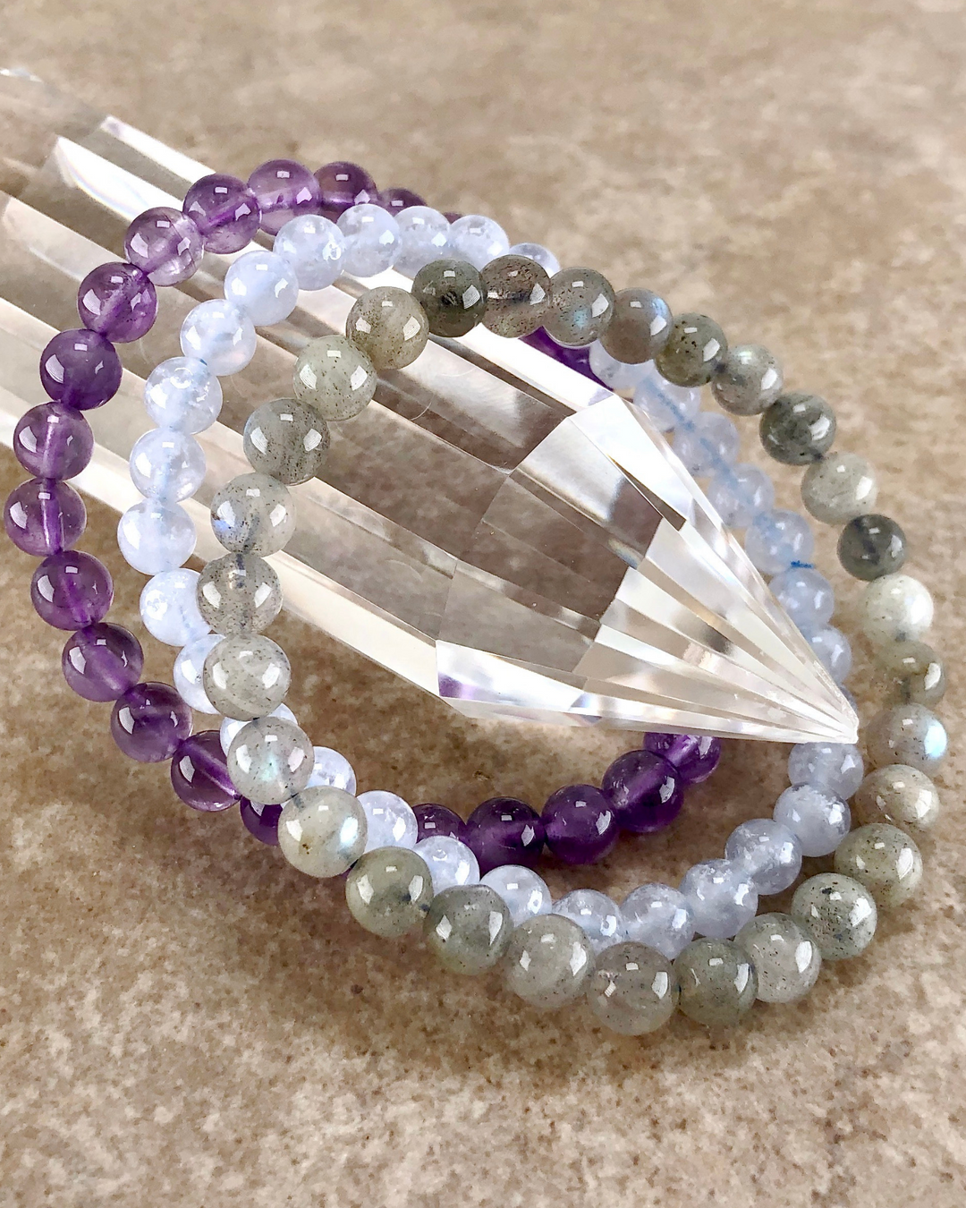 6mm Beaded Gemstone Bracelet Set with Blue Lace Agate, Lavender Amethyst and Labradorite.