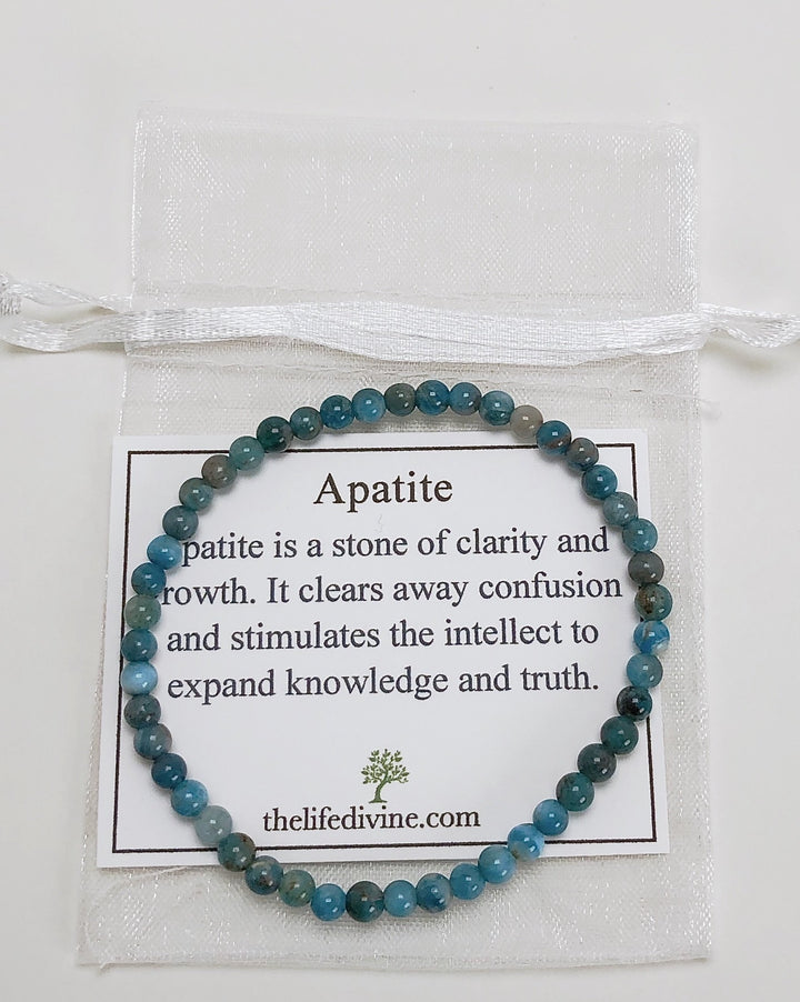 Apatite 4mm Beaded Gemstone Bracelet with Description Card.