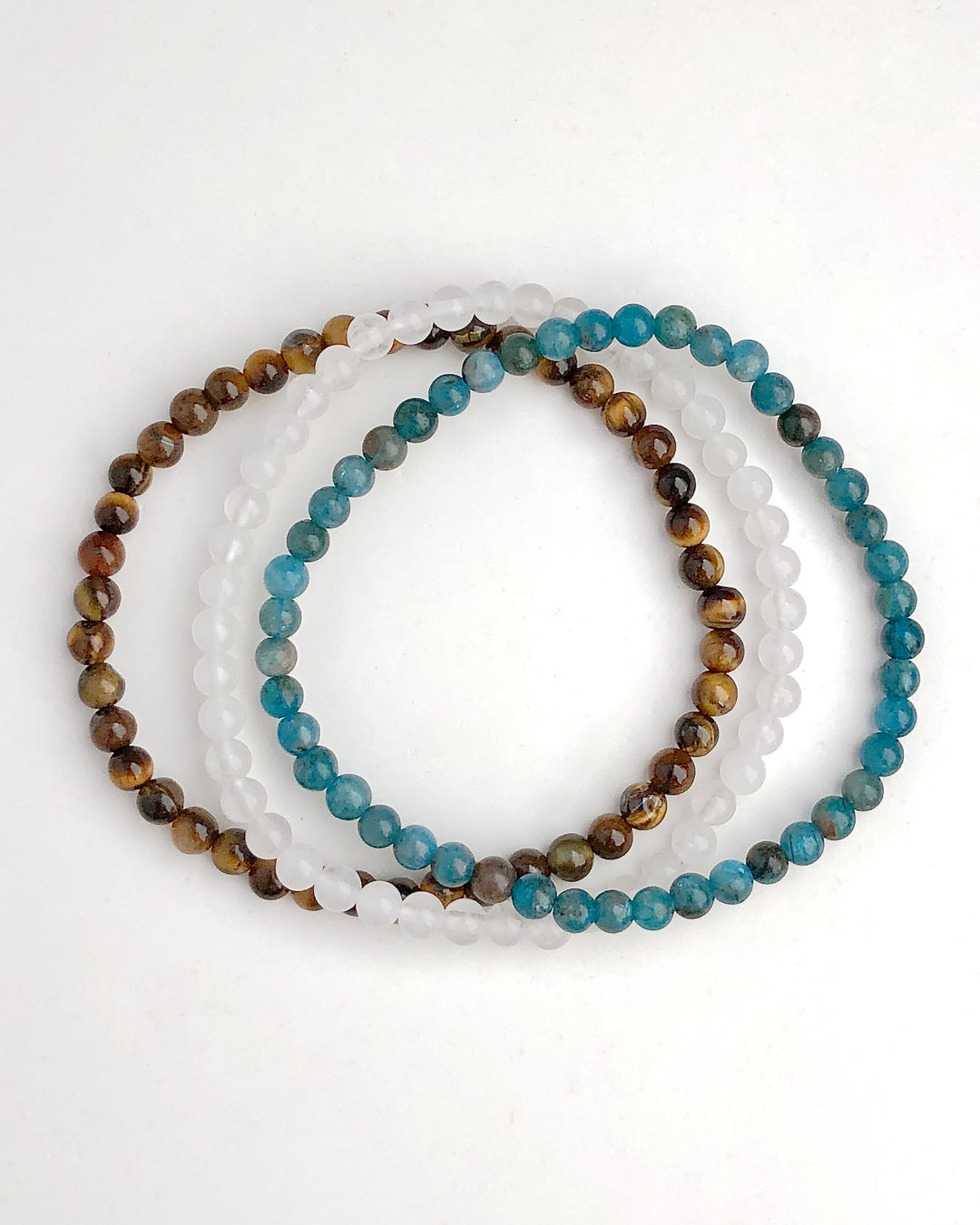 Courage and Truth 4mm Gemstone Bracelet Set  with Apatite, Snow Quartz and Tiger Eye on a white background