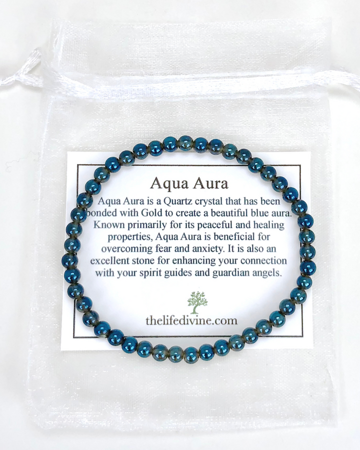 Aqua Aura 4mm Gemstone Bracelet with Description Card