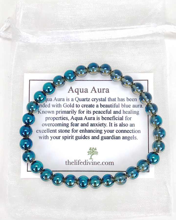 Aqua Aura 6mm beaded Gemstone Bracelet with a description card