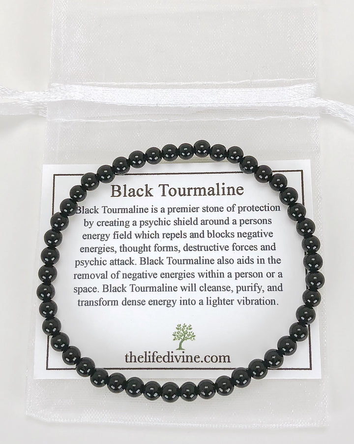 Black Tourmaline 4mm beaded gemstone Bracelet with description card