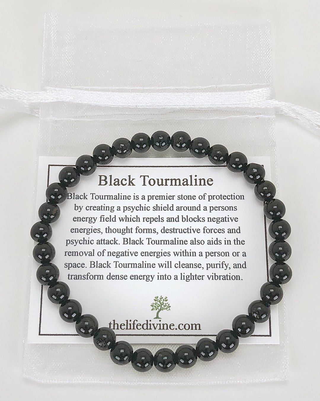 Black Tourmaline 6mm Gemstone Bracelet with Description Card.