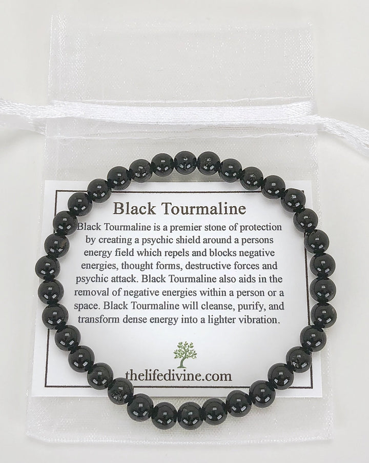 Black Tourmaline 6mm Gemstone Bracelet with Description Card.