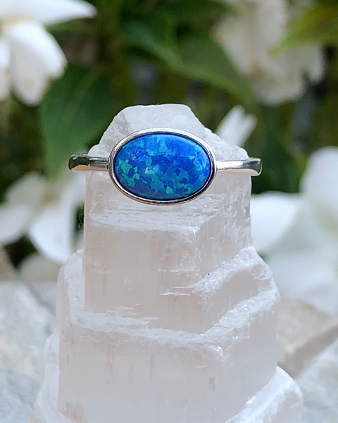 Sterling Silver Oval blue lab opal ring on selenite