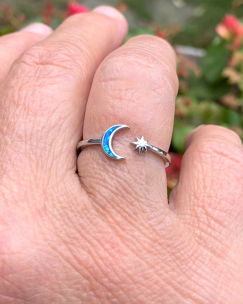 Blue Lab Opal Moon and Star Ring