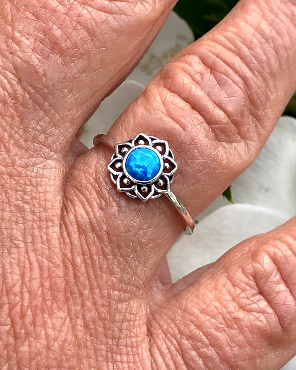 Blue Lab Opal Lotus Flower Ring