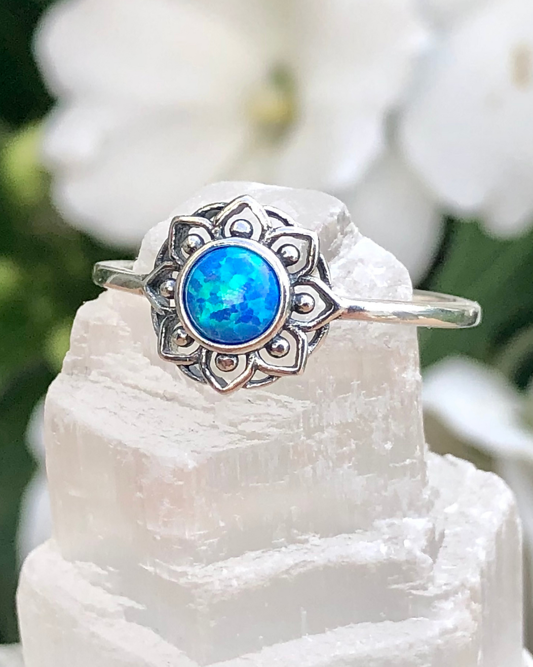 Blue Lab Opal Ring on selenite