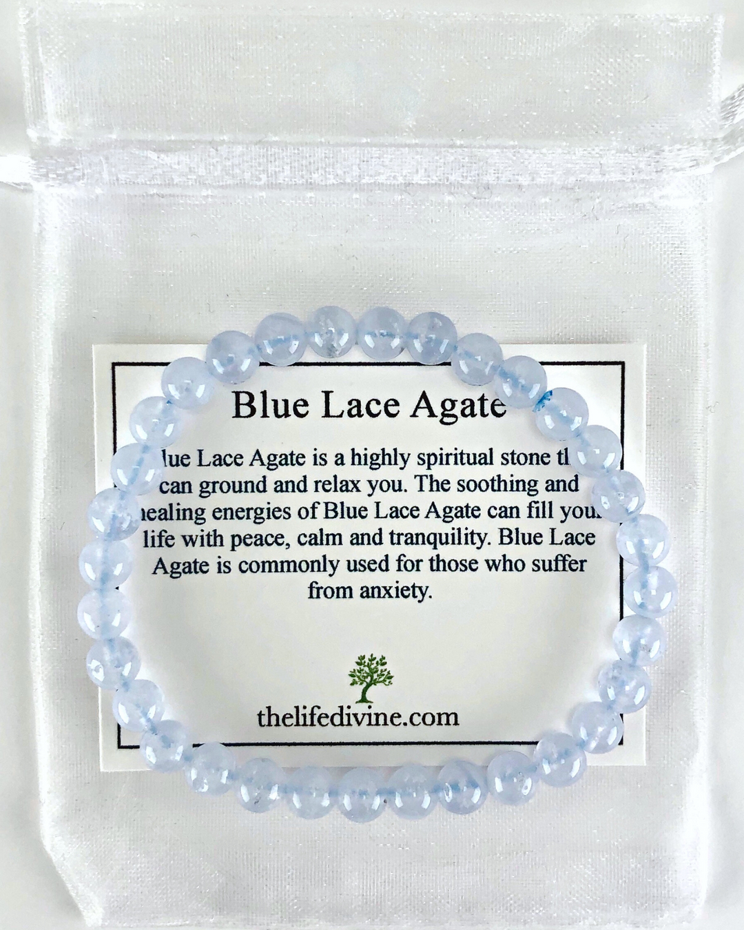 Blue Lace Agate 6mm Beaded Gemstone Bracelet with a description card.