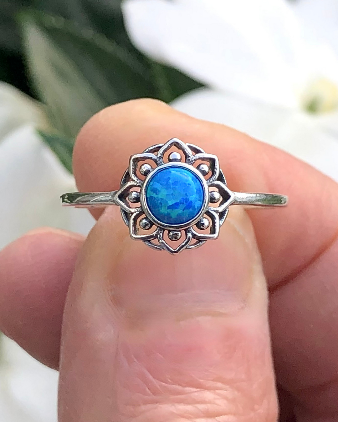 Blue Opal Flower Ring close up